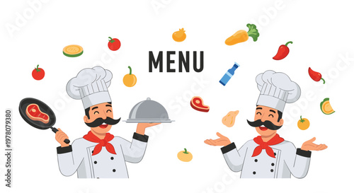 Two cheerful chefs with mustaches presenting a menu concept with one holding a steak and the other a serving cloche.