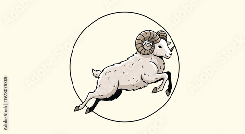 A dynamic and powerful illustration of a ram or bighorn sheep leaping through the air contained within a simple circular frame.