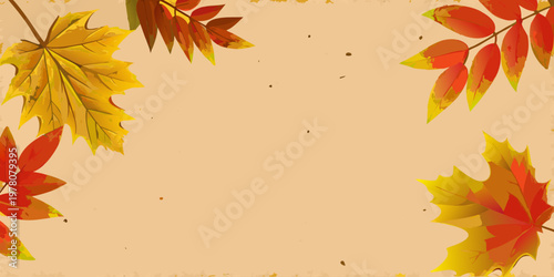 Autumn leaves in shades of red orange and yellow on a beige background