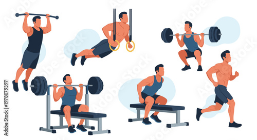 A collection of a muscular man performing various gym exercises like pull-ups squats bench press and running to stay fit.