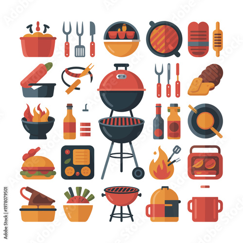 Barbecue equipment set features essential tools and food items for outdoor summer cooking.