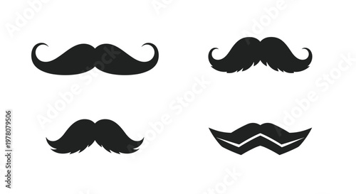 A set of four different black silhouette mustache styles from classic handlebar to modern geometric on a white background.