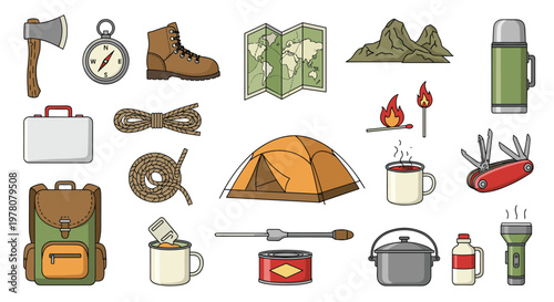 A large collection of colorful camping hiking and survival equipment icons including a tent backpack and compass for adventure.