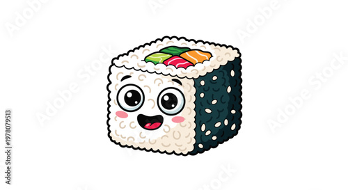An adorable and happy kawaii sushi roll character with big eyes and a cheerful expression isolated on a white background.