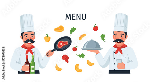A restaurant menu concept with two cartoon chefs cooking a steak and presenting a dish surrounded by fresh ingredients.