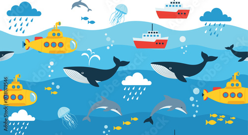 A seamless kids pattern of a vibrant sea life scene with whales submarines ships and dolphins on blue ocean waves.