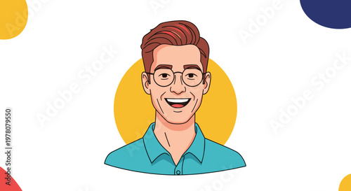 A cartoon portrait of a cheerful young man with glasses and reddish-brown hair smiling against a background of colorful circles.
