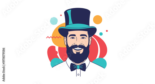 A stylish pop art illustration of a smiling bearded man wearing a top hat and bow tie on an abstract colorful background.