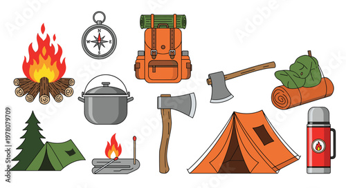 A set of essential camping and hiking equipment icons including a tent backpack campfire and axe for outdoor adventures.