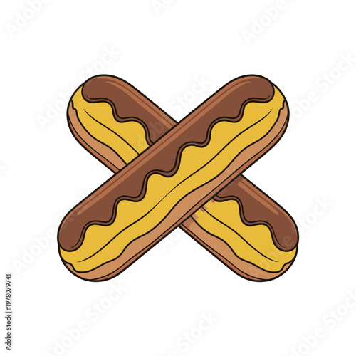 Chocolate eclairs are arranged in a cross pattern to highlight the pastry cream filling.
