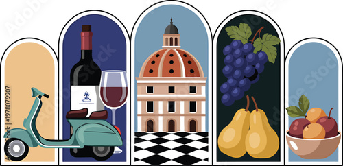 Italian travel and culinary icons in arched frames: scooter, wine, domed building, grapes, pear