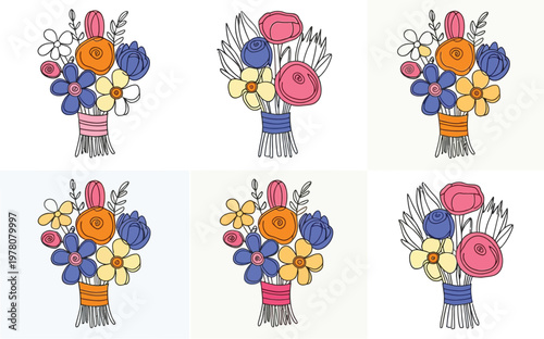 Six Variations of a Hand-Drawn Floral Bouquet with Colorful Blooms Isolate PNG