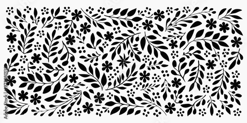 Intricate black floral and foliage pattern covering a white background