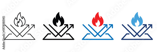Fireproof and fire resistant material icon set with flame and shield protection symbol for industrial safety, vector illustration.