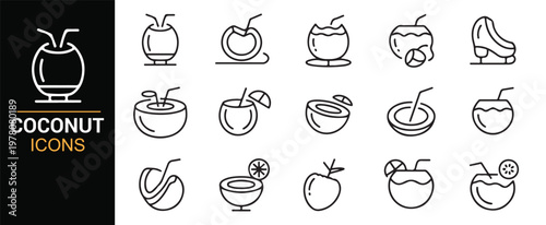Tropical fruit drinks and coconut water icon set
