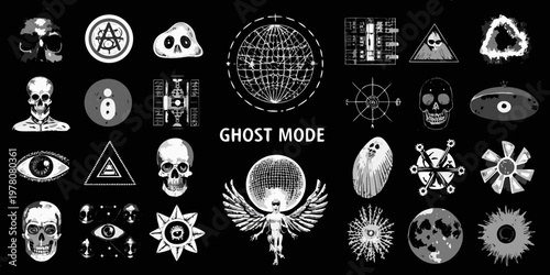 An assortment of occult symbols skulls eyes and geometric shapes