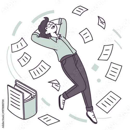 Relaxed person lying down amidst floating papers and documents with stress relief relaxation floating notebook character