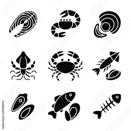 A collection of black seafood icons on a white background