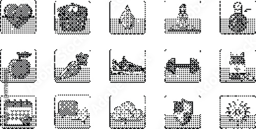 Health Icons Pixelated Bitmap Halftone Dotted Dither Vector Graphic Element Set