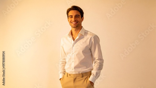 Man in white shirt and beige pants