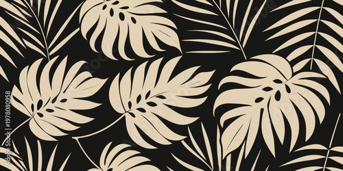 Elegant tropical monstera and palm leaf seamless pattern on black