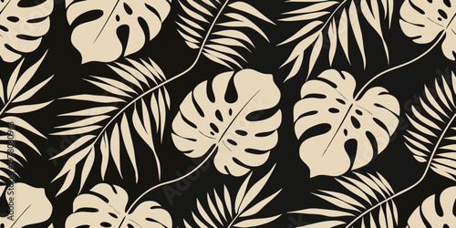 Tropical monstera and palm leaves create a seamless dark pattern