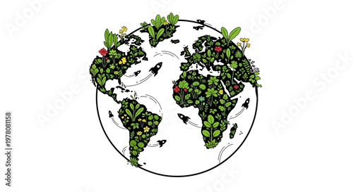 Illustration of a globe with green plants and flowers growing on it.
