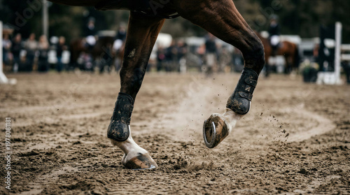 Horse legs in motion over arena ground with flying dirt during competition. Concept of agility, precision, and technical performance in equestrian sport.