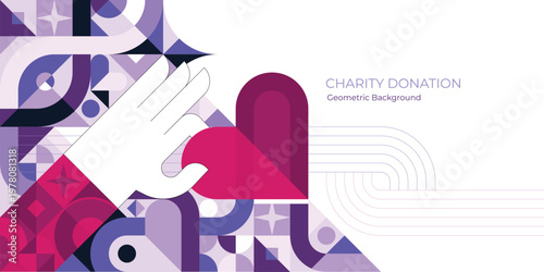 Hand Giving Heart Symbol for Charity Donation, Love, Care, Support and Kindness Concept on Abstract Geometric Background