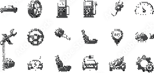Automotive Icons Pixelated Bitmap Halftone Dotted Dither Car Wheel Gas Pump Wrench Steering Key Seat GPS Electric Vehicle