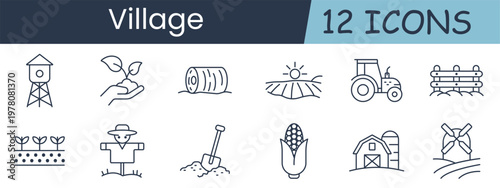 Village set icon. Watertower, sprout, hay, field, tractor, fence, seedlings, scarecrow, shovel, corn, barn, windmill, farming, rural, harvest, countryside, agriculture