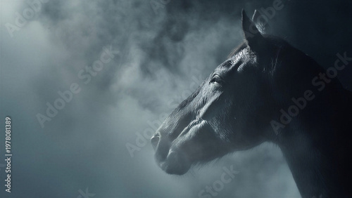 Horse silhouette in mist with soft light highlighting profile in dark atmosphere. Concept of freedom, inner strength, and solitary spirit in nature.