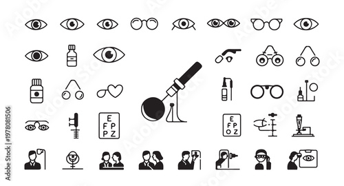Ophthalmology and optometry icons for eye care, vision testing, and eye examination equipment.