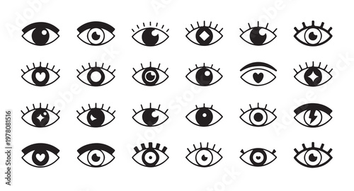 Collection of eye icons with different pupils and eyelashes vector illustration.