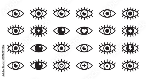 Minimalist eye icons with simple pupils and lashes graphic design elements vector.
