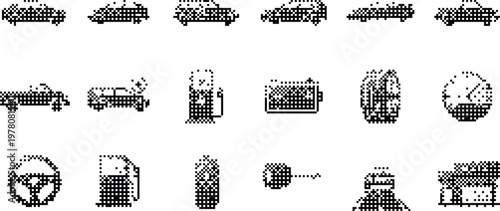 Automotive Icons Pixelated Bitmap Halftone Dotted Dither Vehicle Car Gas Pump Engine Steering Wheel Fuel Station