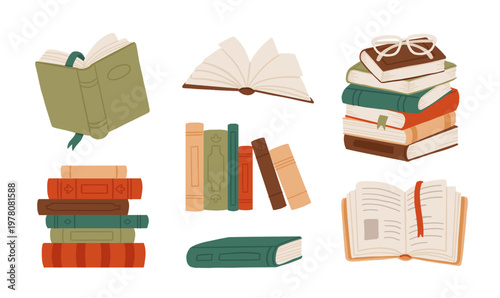 Books and reading elements collection with open book, stacked volumes, hardcovers, glasses and bookmark. Flat vector illustration of literature, education and study objects isolated set