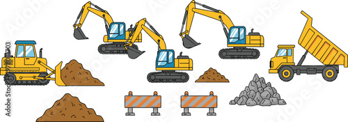 Vector illustration of construction site with excavators, bulldozer, dump truck, barriers, dirt piles, and rocks