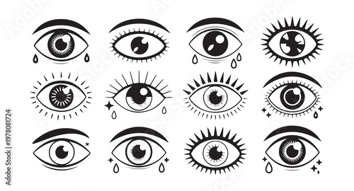 Collection of decorative eye illustrations with tears and sparkles for creative design.