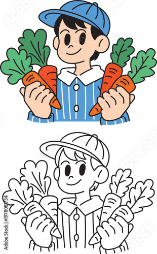 Cute Boy Farmer Holding Fresh Carrots Cartoon Illustration