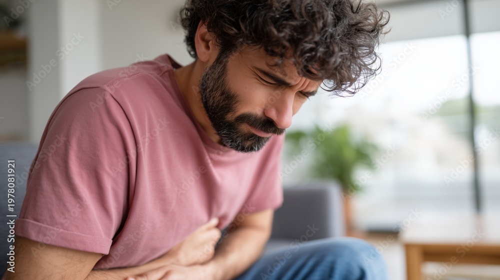 Fototapeta premium Man suffering from stomach pain at home. Abdominal pain and digestive problem concept. Adult holding belly with cramps. Gastrointestinal illness and discomfort. Healthcare theme.