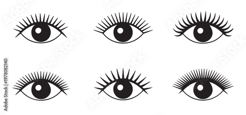 Set of human eye icons with different eyelash styles for beauty salon and fashion design.