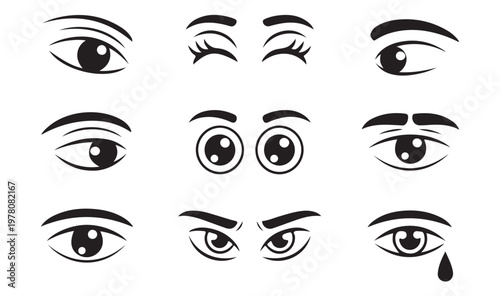 Collection of expressive cartoon eyes showing different emotions and facial expressions set.