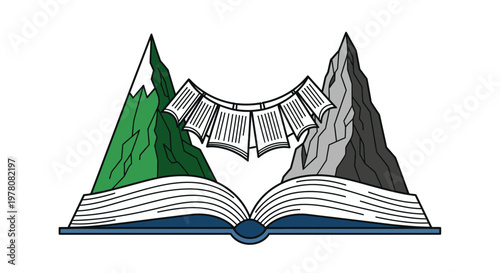 An illustration of an open book with mountains.