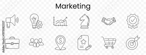 Marketing set icon. Outline business promotion symbols, megaphone, idea bulb gear, growth chart, chess knight, handshake, quality badge, briefcase, team group, dollar location, certificate