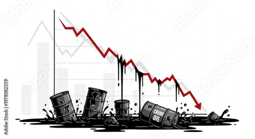 Oil barrels spilling crude oil with a downward trending stock market graph.