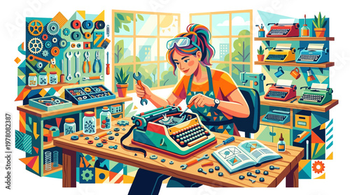 Woman working on typewriter machine.