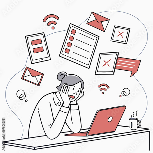 Overwhelmed woman at computer surrounded by digital notifications with social media information overload online work