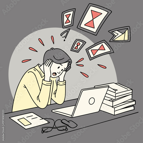 Man experiencing headache from too many tasks and deadlines with time pressure project management deadline overwhelmed