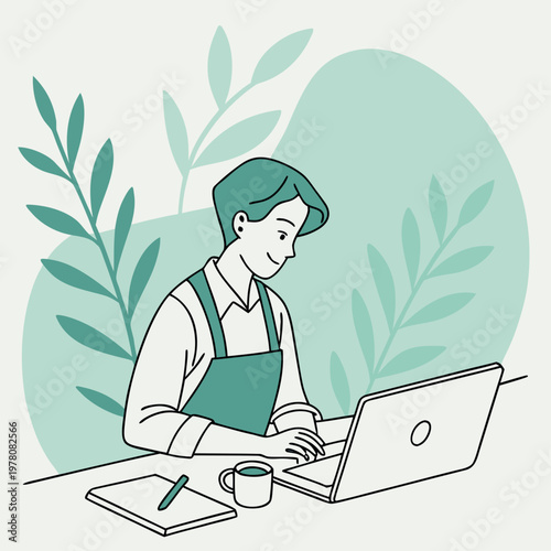 Person working on laptop at desk with plants and coffee cup remote work home office gender neutral computer notebook